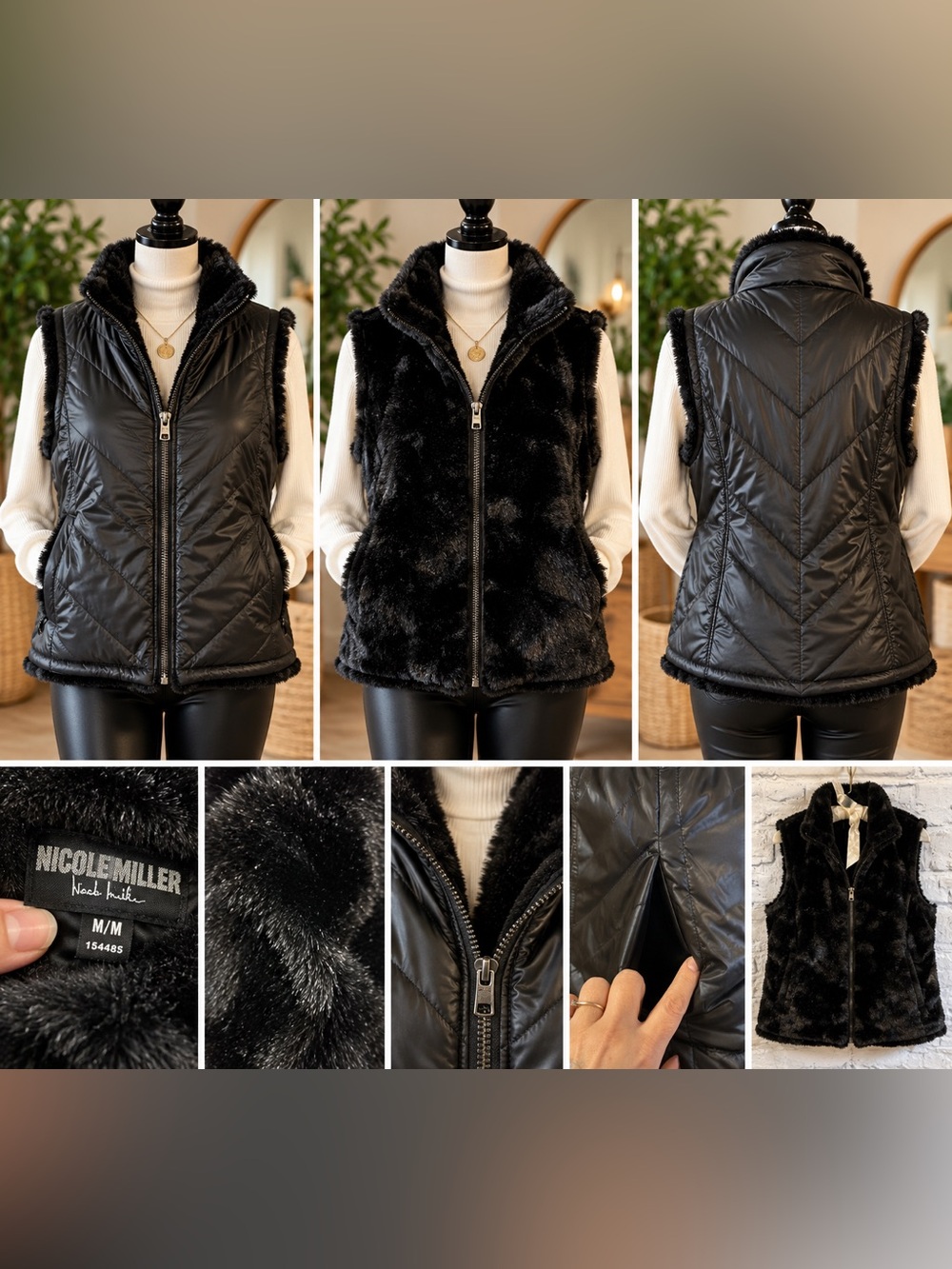 Nicole by Nicole Miller Reversible Faux Fur Puffer Vest Black M